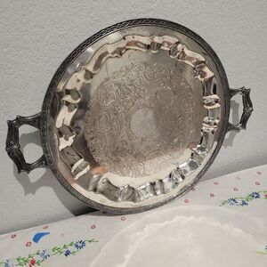 Vintage Glastonbury Silver Plate 14.25” Ornate Round Butler's Tray with Handles